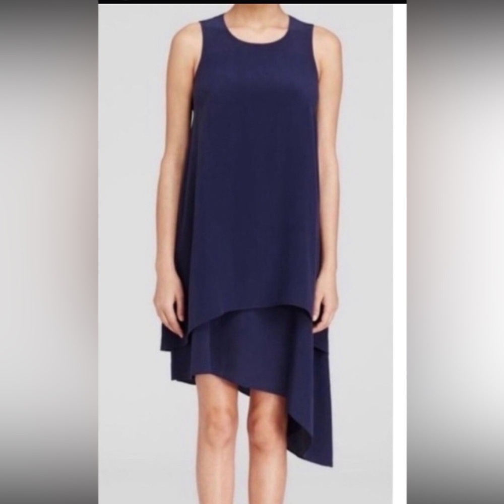 EILEEN FISHER GEORGETTE CREPE ASYMMETRICAL MIDNIGHT BLUE 100% SILK DRESS SIZE S